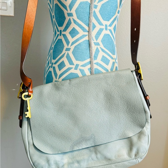 Vintage FOSSIL Harper Small Flap Leather Crossbody Teal Brown Saddle Bag Flaw - Picture 2 of 7